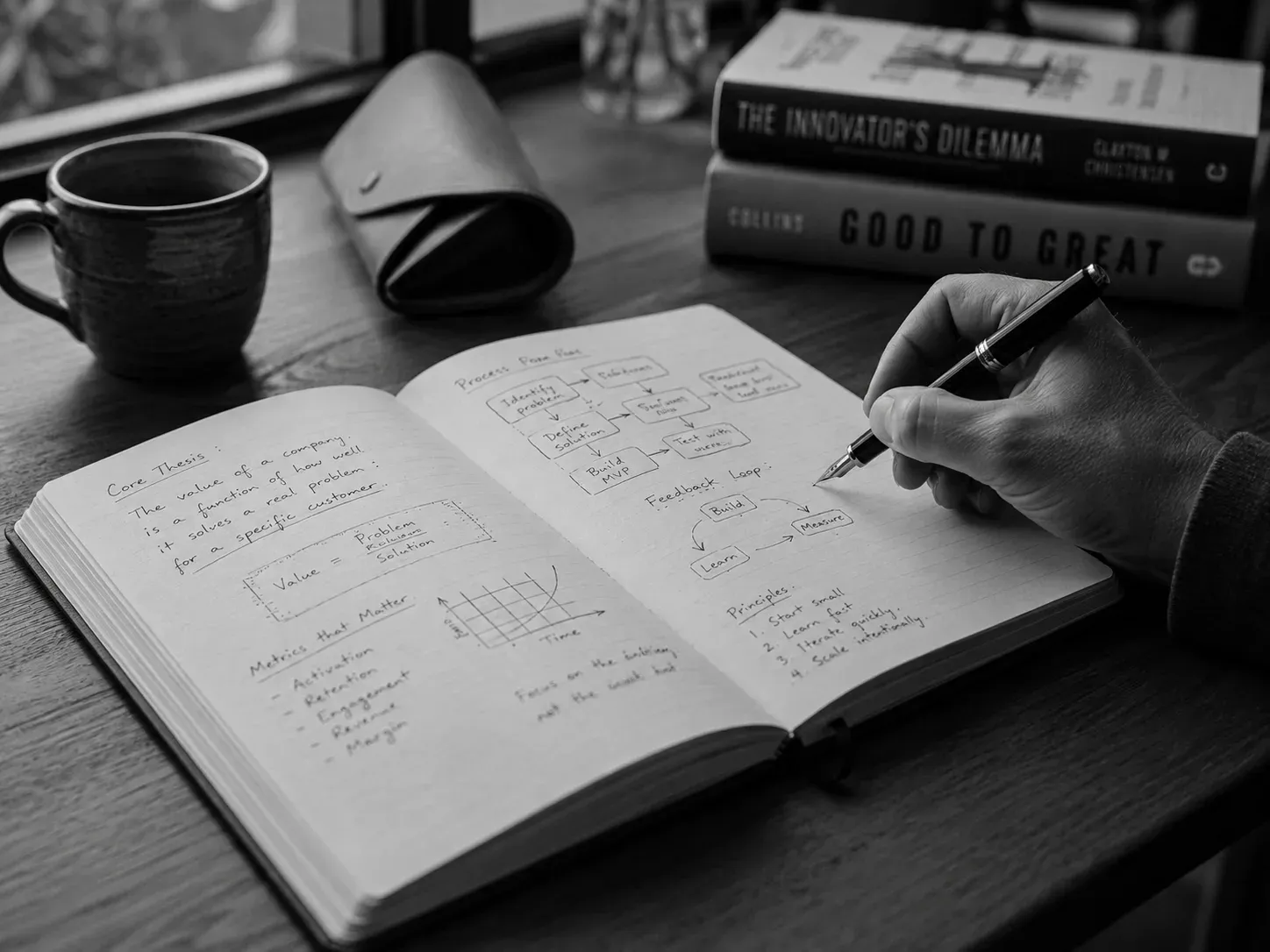 Hand sketching a system diagram in a notebook on a desk with coffee and business books