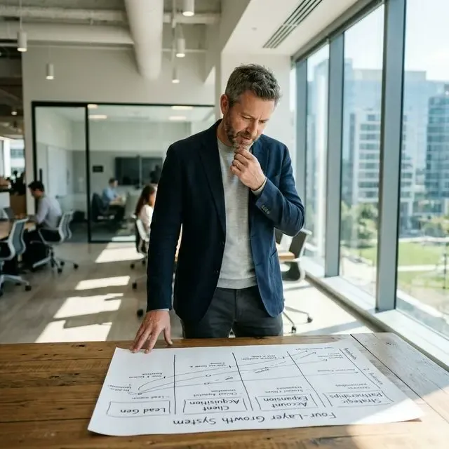 Bold typographic graphic showing the four layers of a B2B growth system: Positioning, Demand Generation, Conversion, and Measurement on a black background with teal accent.