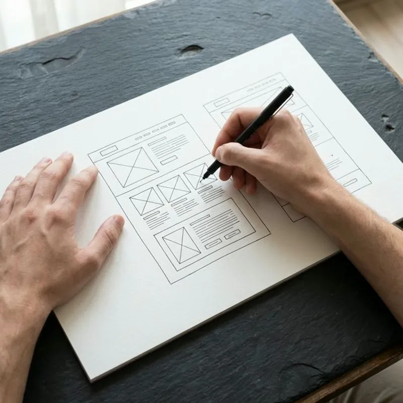 A highly realistic, professional overhead photograph of a designer's bare hands sketching simple structured website wireframes with a black pen on a large sheet of white paper on a slate desk.