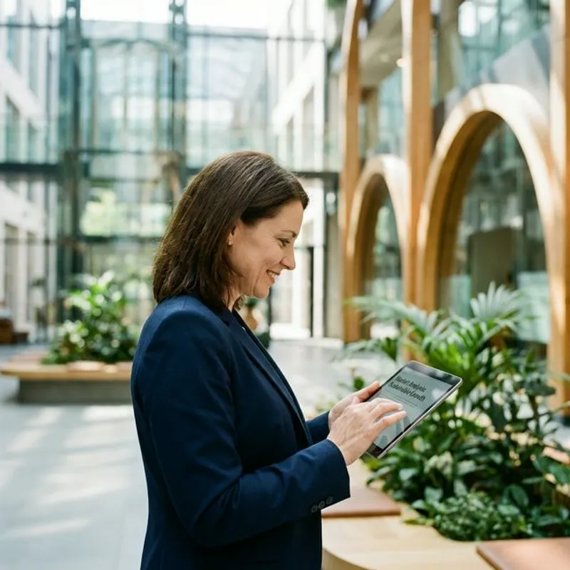 A highly realistic, professional photograph of a confident B2B executive in a modern, light-filled corporate atrium thoughtfully reading from a digital tablet.