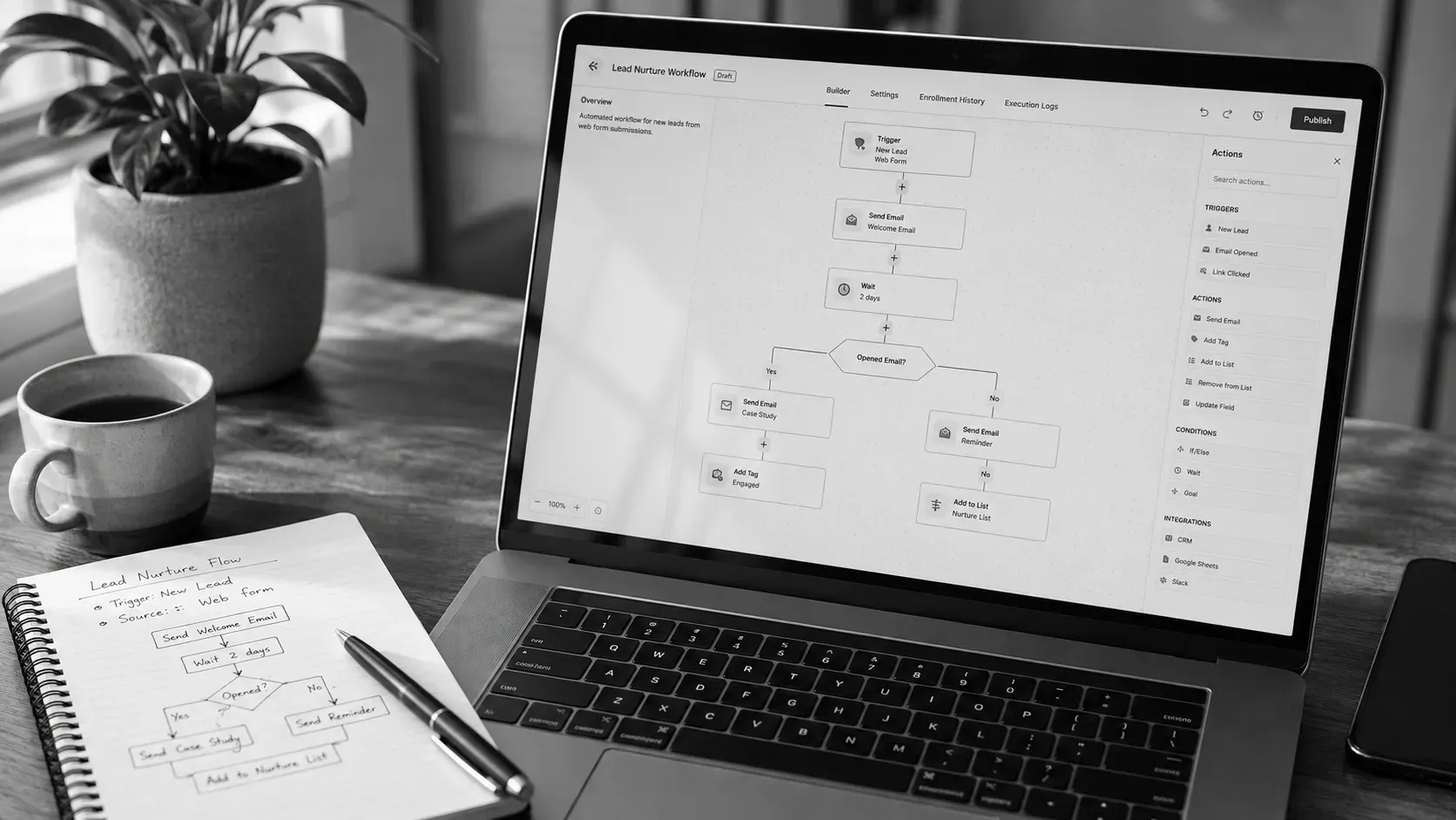 Laptop on a desk displaying an automation workflow diagram with connected nodes, alongside a notepad of related sketches