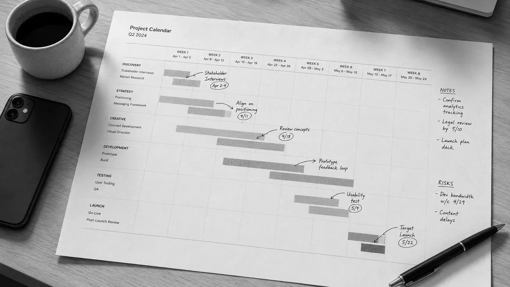 Project calendar with a Gantt chart showing phased delivery, milestones, and execution notes