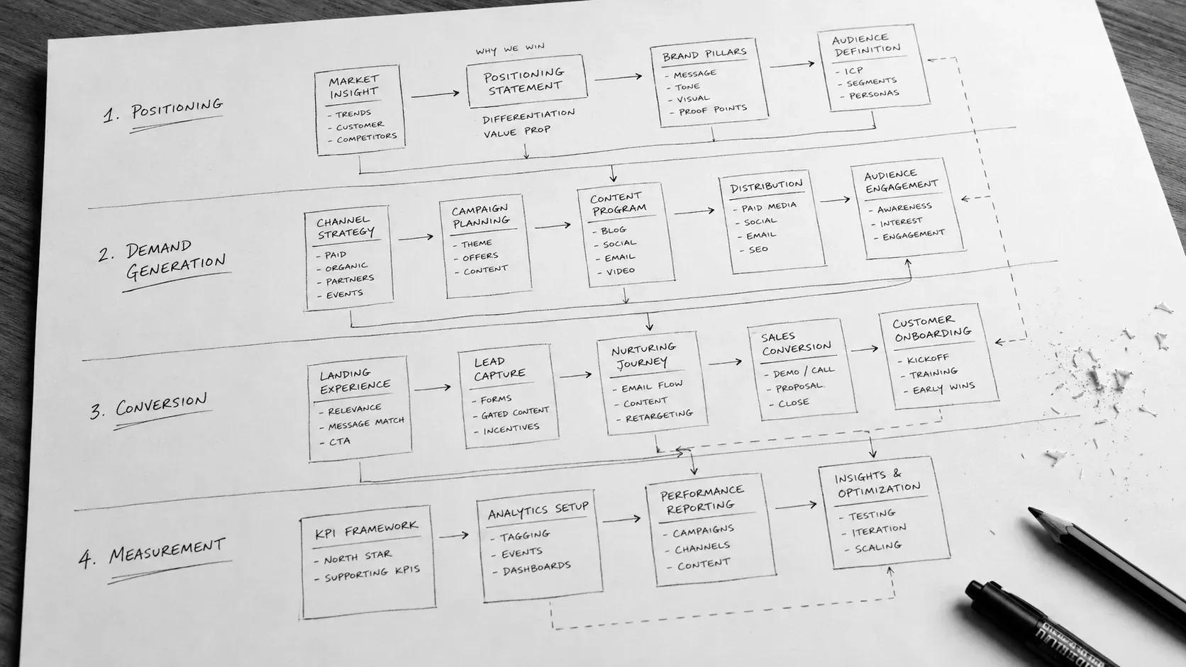 Hand-drawn system diagram mapping positioning, demand generation, conversion, and measurement with arrows showing how each layer depends on the one below