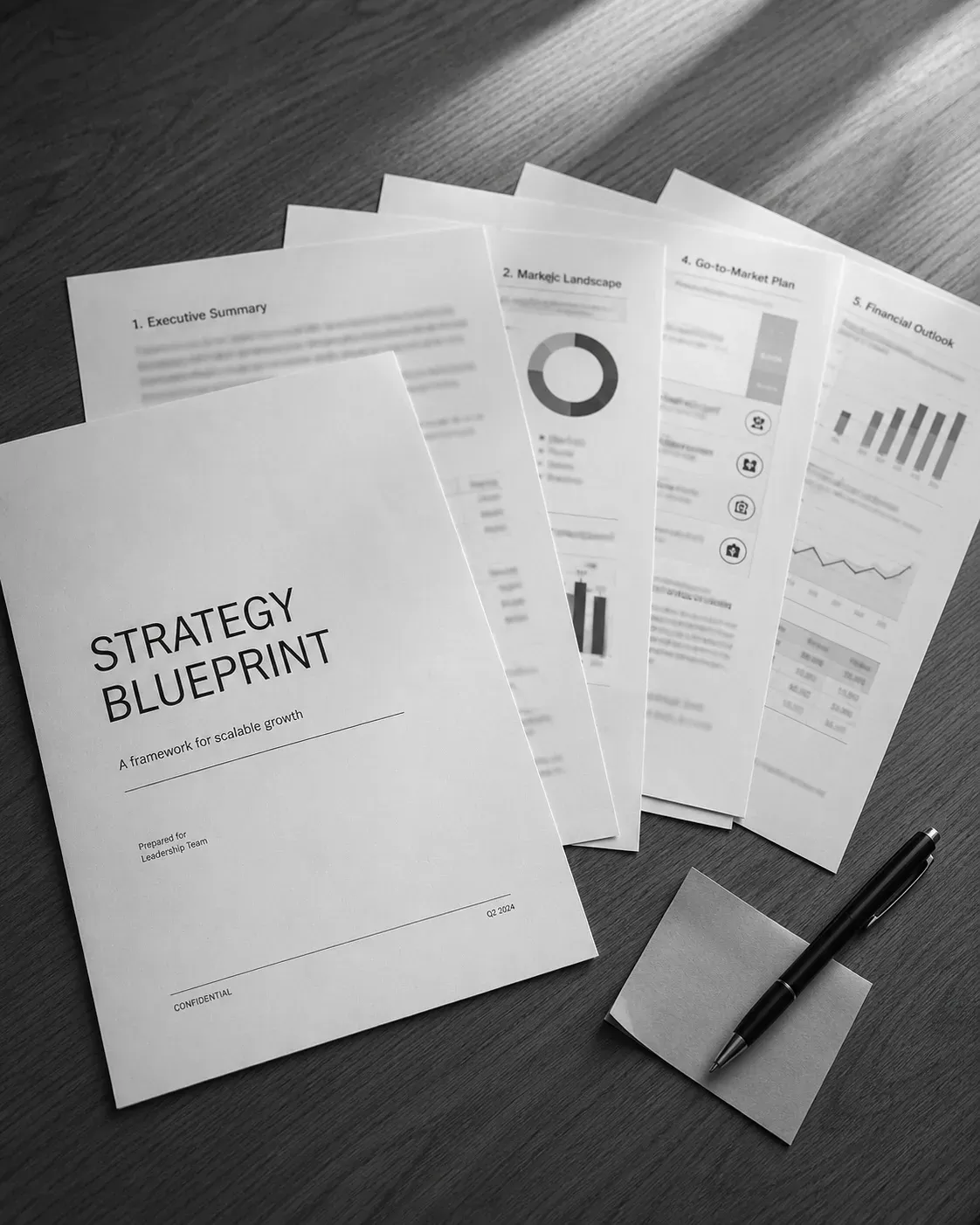 Strategy Blueprint document fanned across a desk showing the executive summary, market landscape, go-to-market plan, and financial outlook sections