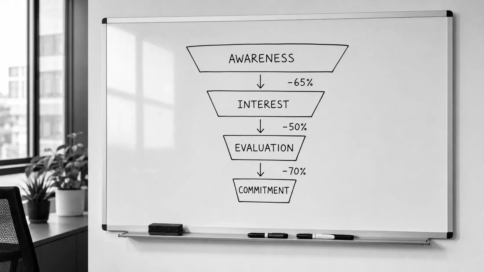 Office whiteboard with a marketing funnel diagram showing awareness, interest, evaluation, and commitment stages, with handwritten drop-off percentages between each step