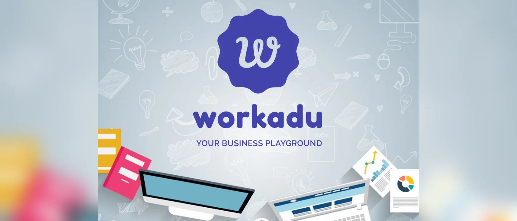 Workadu logo and the tagline “Your business playground” above illustrated desk items